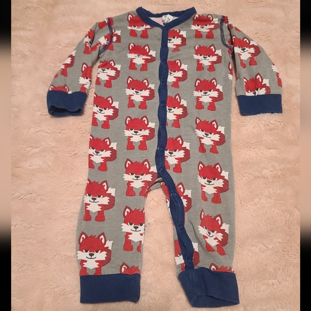 maxomorra grey and blue fox button up romper size 68 3-6 months